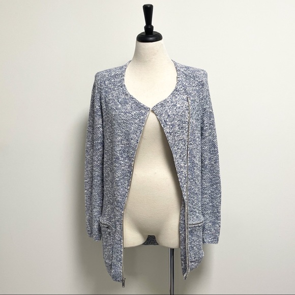 Banana Republic Knit Ivory Blue Asymmetrical Zip Up Sweater Cardigan Medium - Picture 4 of 8